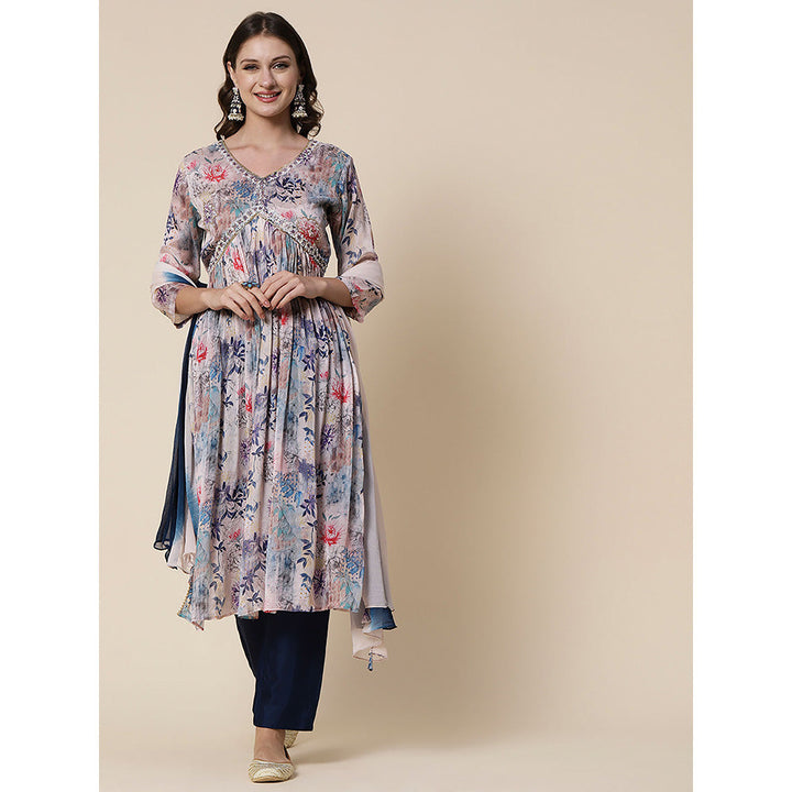 FASHOR Printed Mirror Embroidered High Slit Kurta with Pants & Dupatta - Blue (Set of 3)