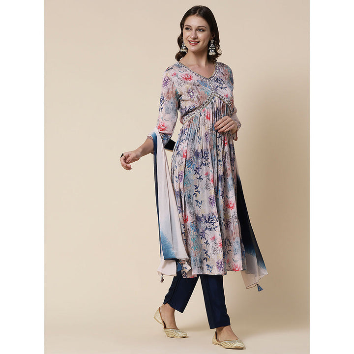 FASHOR Printed Mirror Embroidered High Slit Kurta with Pants & Dupatta - Blue (Set of 3)