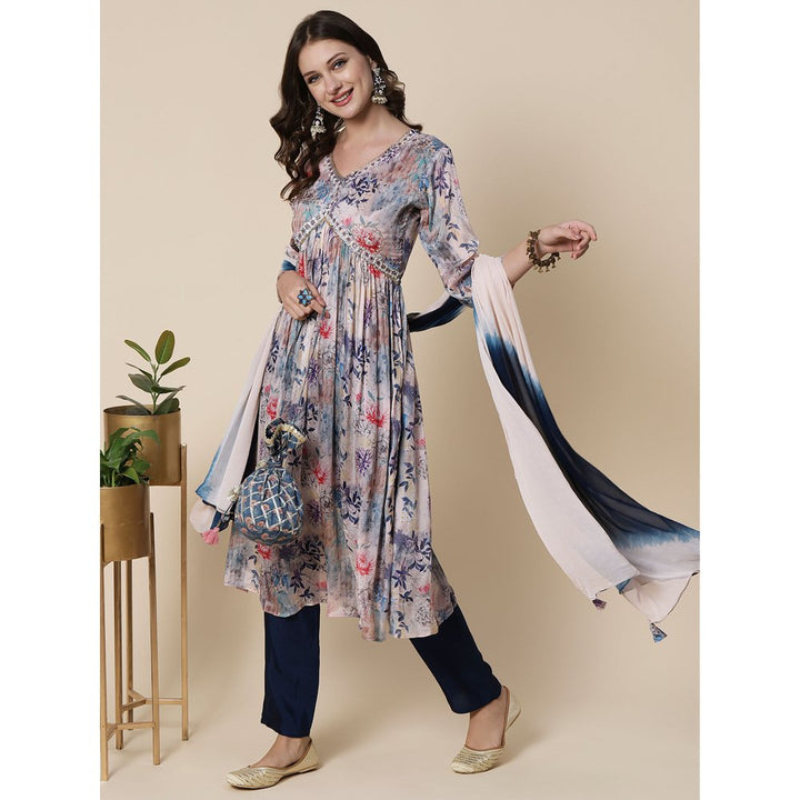 FASHOR Printed Mirror Embroidered High Slit Kurta with Pants & Dupatta - Blue (Set of 3)