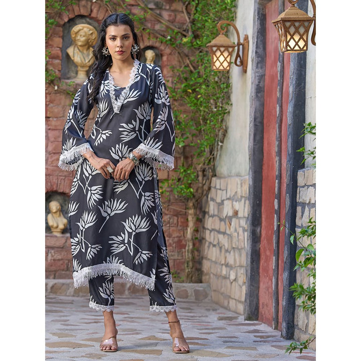 FASHOR Floral Printed Crochet & Fringed Lace Embellished Kurta & Pants - Black (Set of 2)