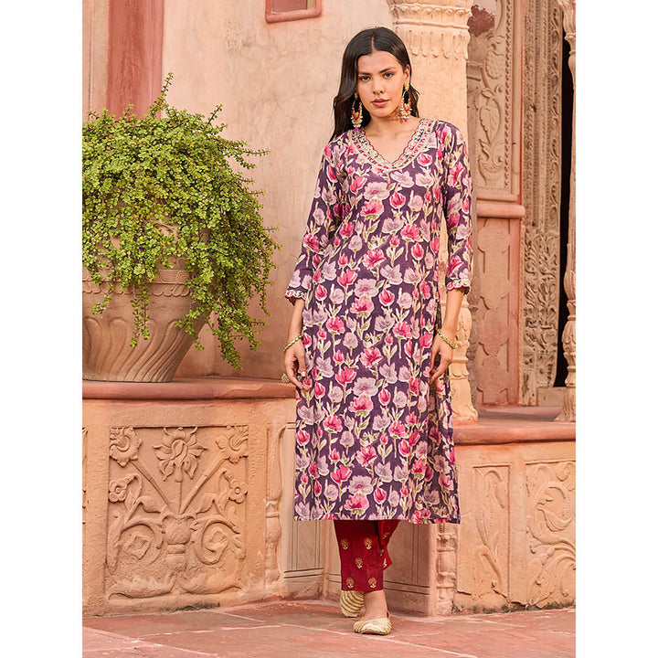 FASHOR Floral Foil Printed Mirror, Zari & Sequins Embroidered Kurta - Multi