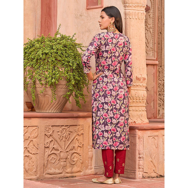 FASHOR Floral Foil Printed Mirror, Zari & Sequins Embroidered Kurta - Multi