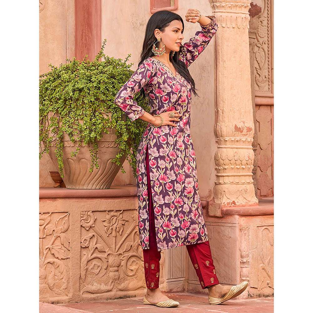 FASHOR Floral Foil Printed Mirror, Zari & Sequins Embroidered Kurta - Multi