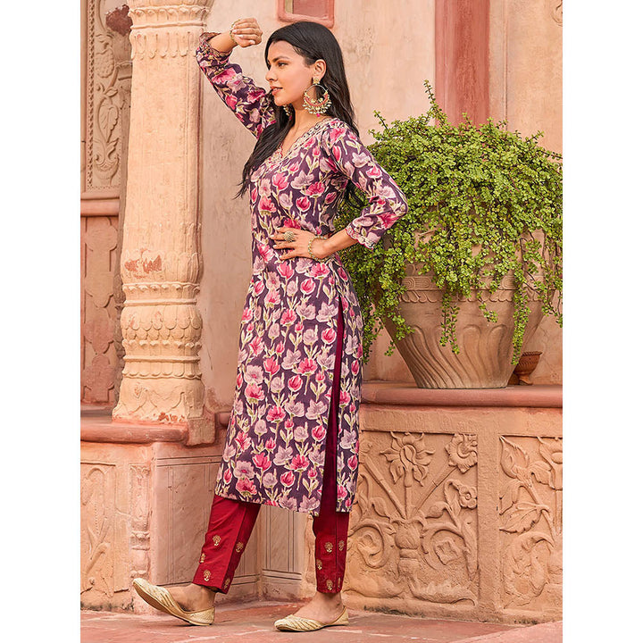 FASHOR Floral Foil Printed Mirror, Zari & Sequins Embroidered Kurta - Multi