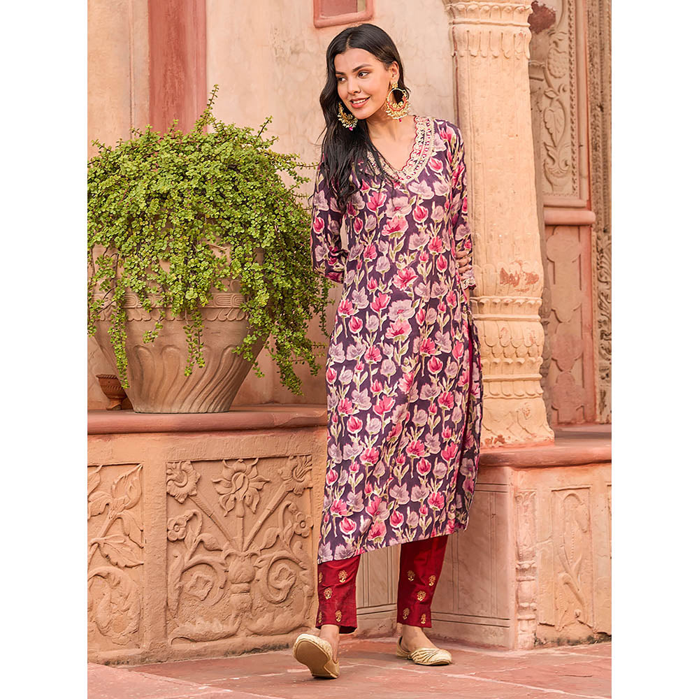 FASHOR Floral Foil Printed Mirror, Zari & Sequins Embroidered Kurta - Multi