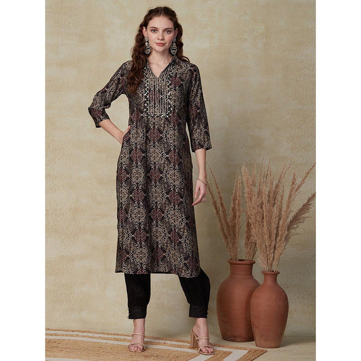 FASHOR Ethnic Printed Kurta with Pants - Charcoal (Set of 2)