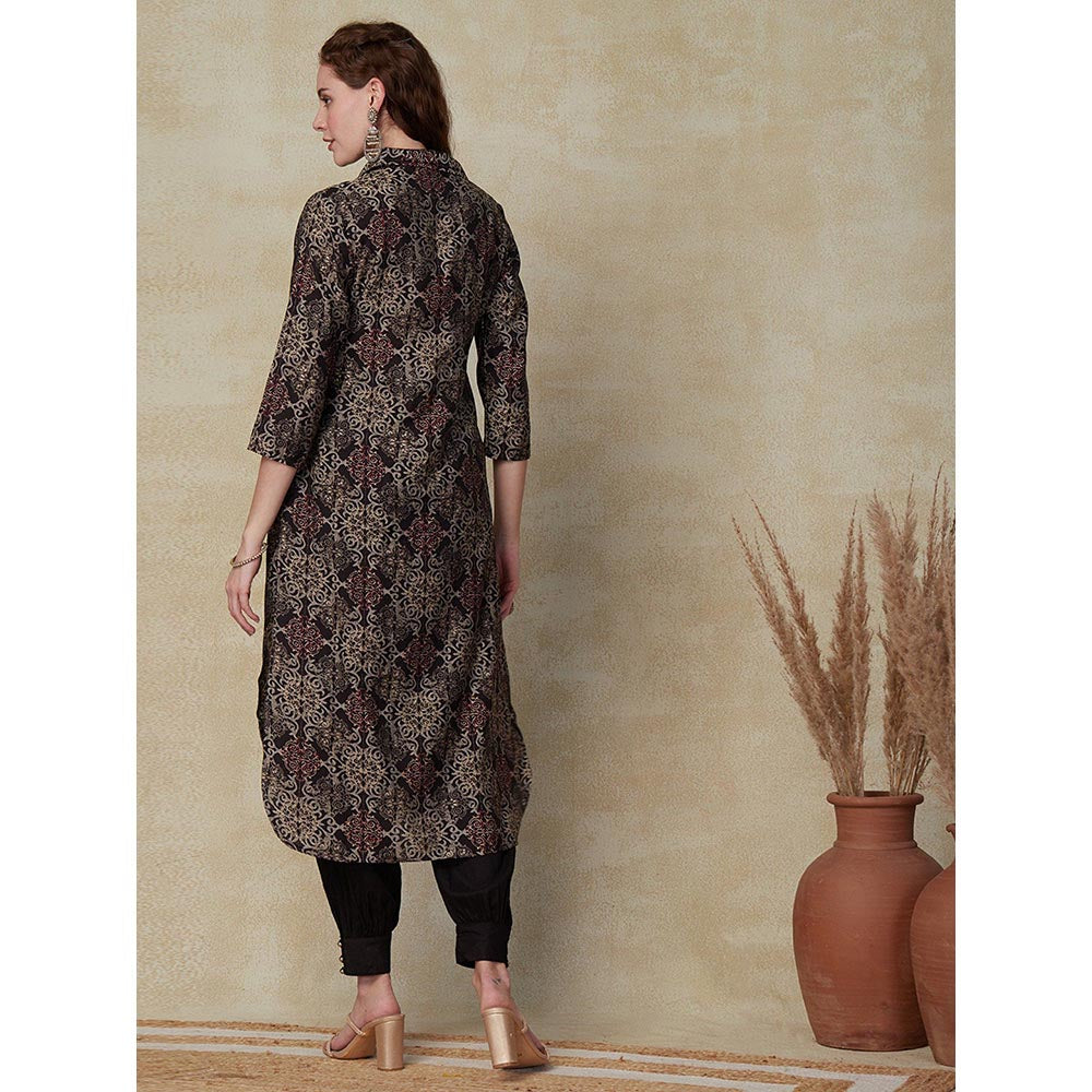 FASHOR Ethnic Printed Kurta with Pants - Charcoal (Set of 2)