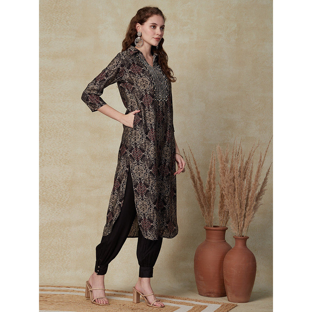 FASHOR Ethnic Printed Kurta with Pants - Charcoal (Set of 2)