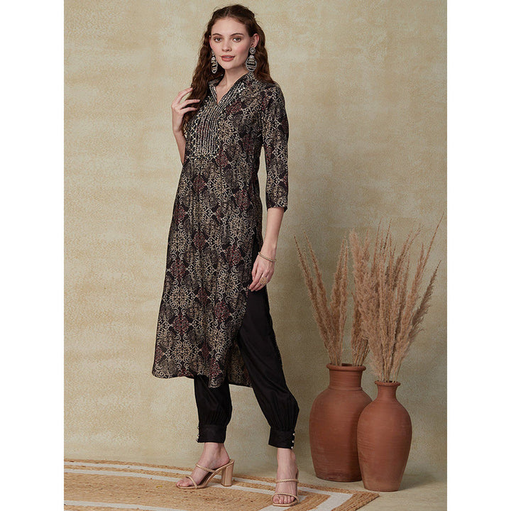 FASHOR Ethnic Printed Kurta with Pants - Charcoal (Set of 2)