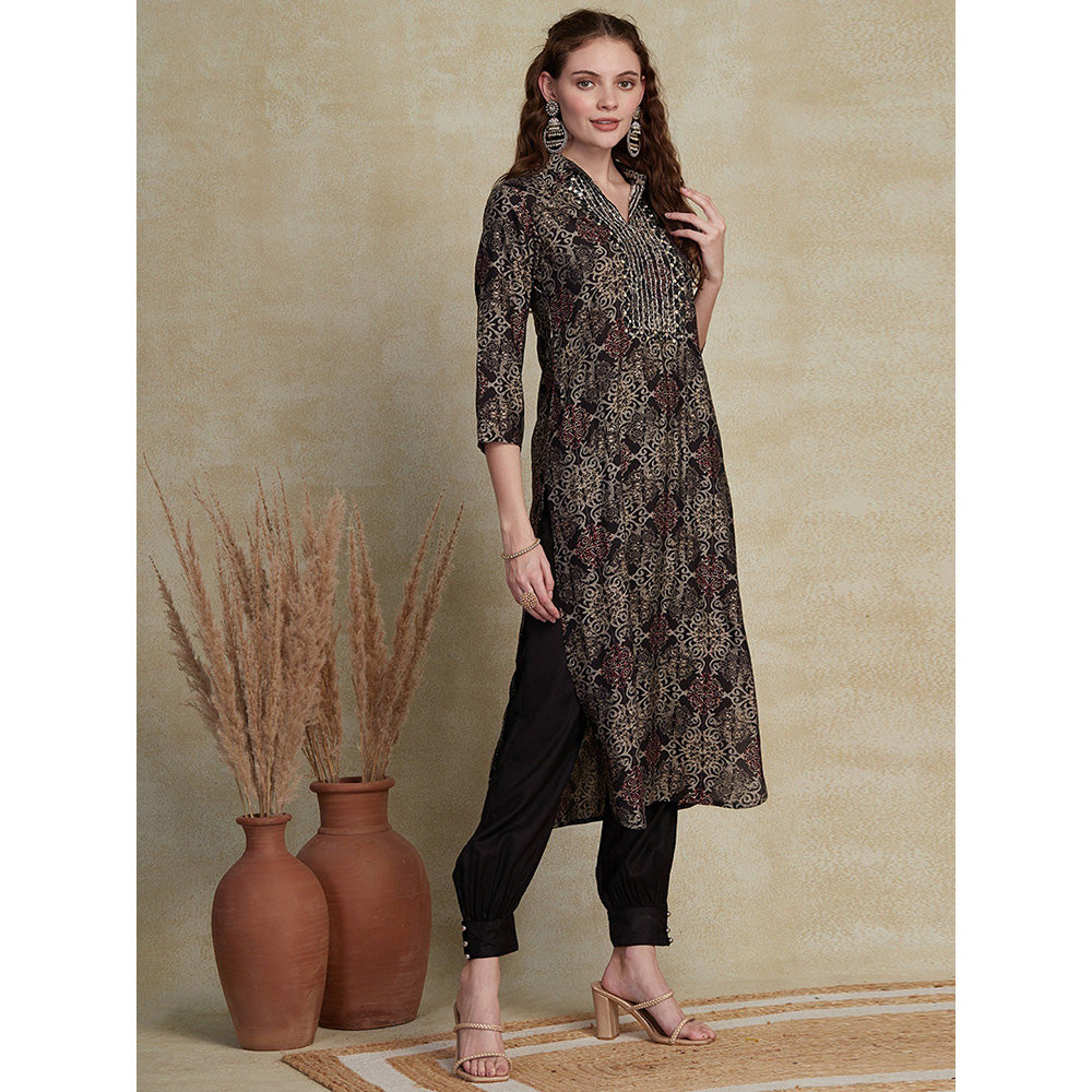 FASHOR Ethnic Printed Kurta with Pants - Charcoal (Set of 2)