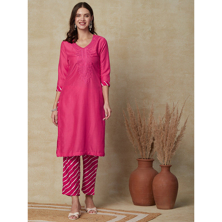 FASHOR Embroidered Kurta with Pants - Pink (Set of 2)