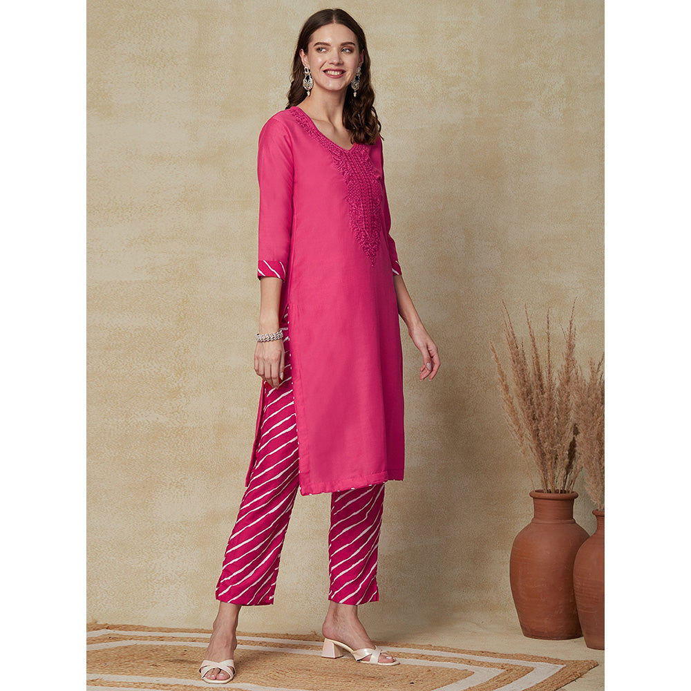 FASHOR Embroidered Kurta with Pants - Pink (Set of 2)