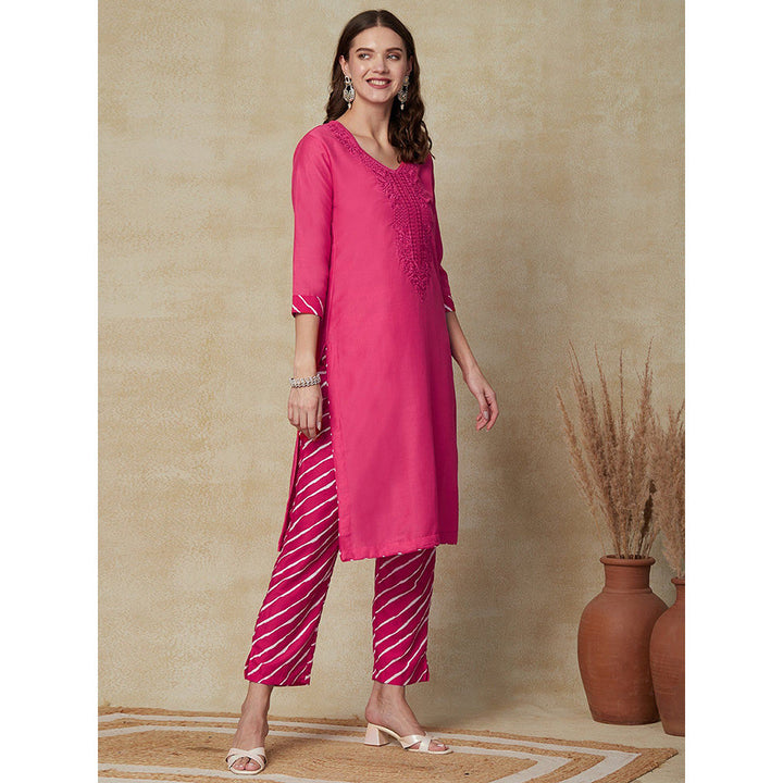 FASHOR Embroidered Kurta with Pants - Pink (Set of 2)