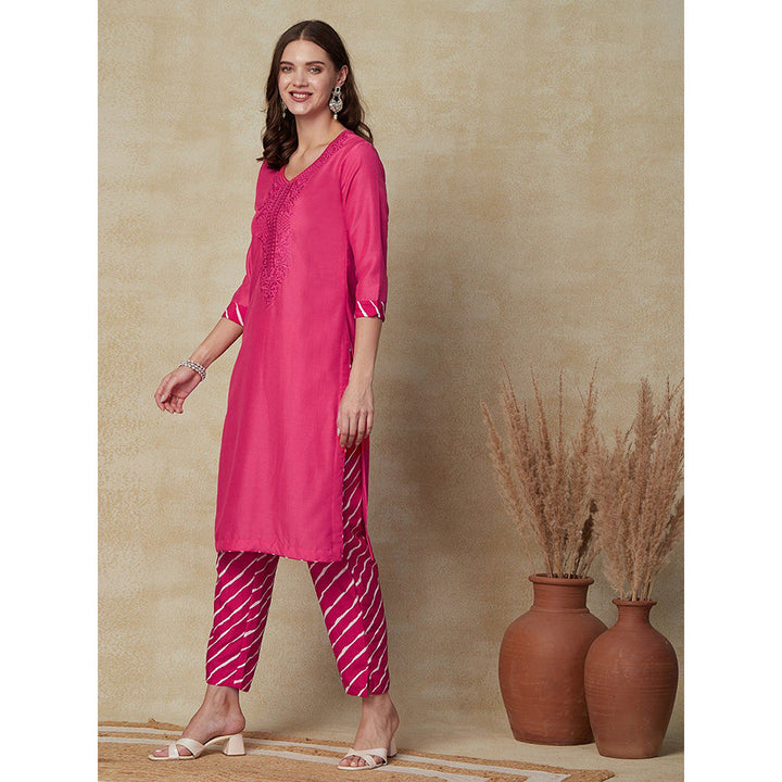 FASHOR Embroidered Kurta with Pants - Pink (Set of 2)