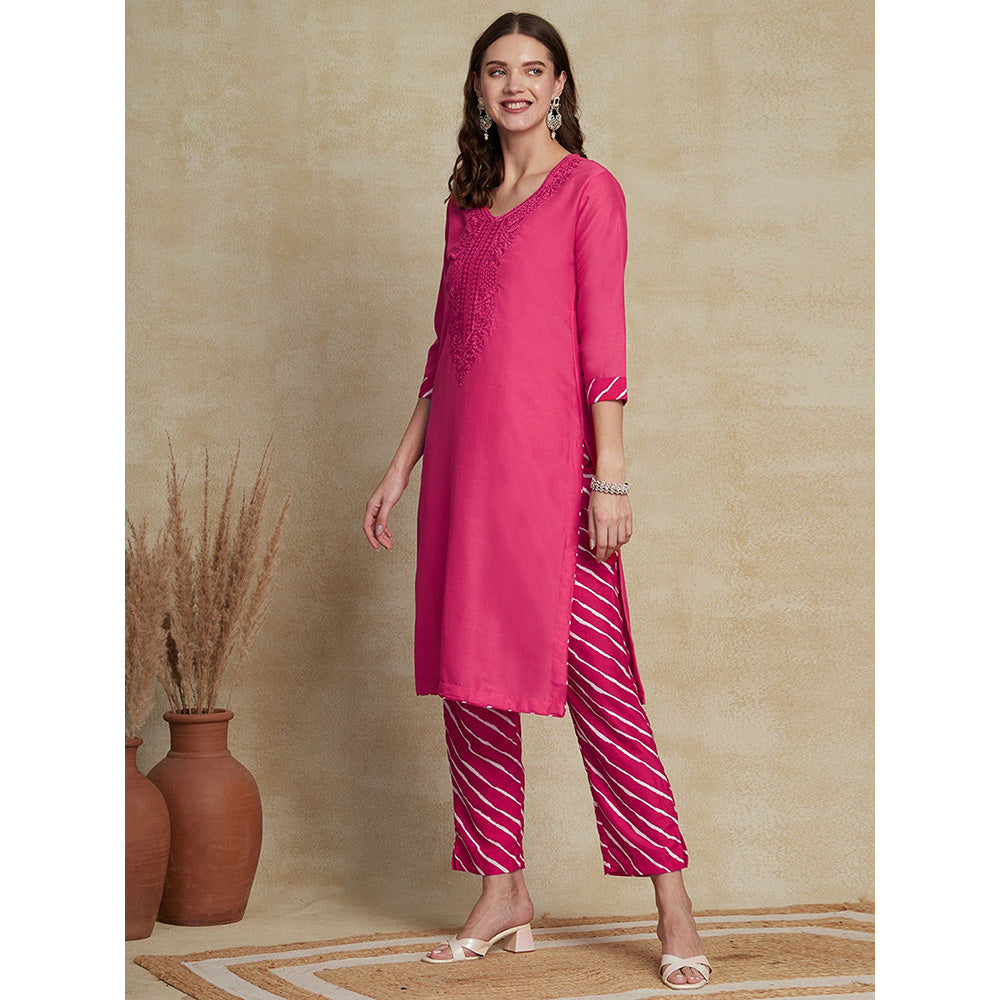 FASHOR Embroidered Kurta with Pants - Pink (Set of 2)