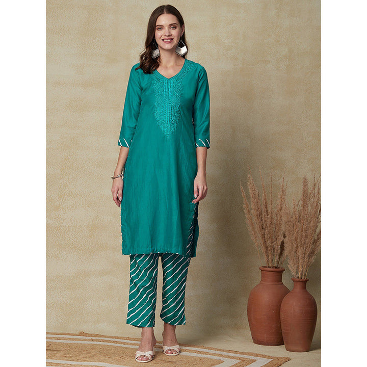 FASHOR Resham Embroidered Kurta with Pants - Sea Green (Set of 2)