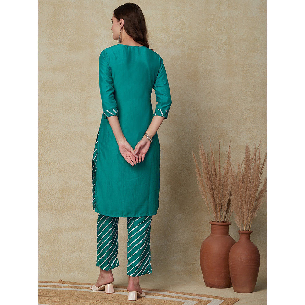 FASHOR Resham Embroidered Kurta with Pants - Sea Green (Set of 2)