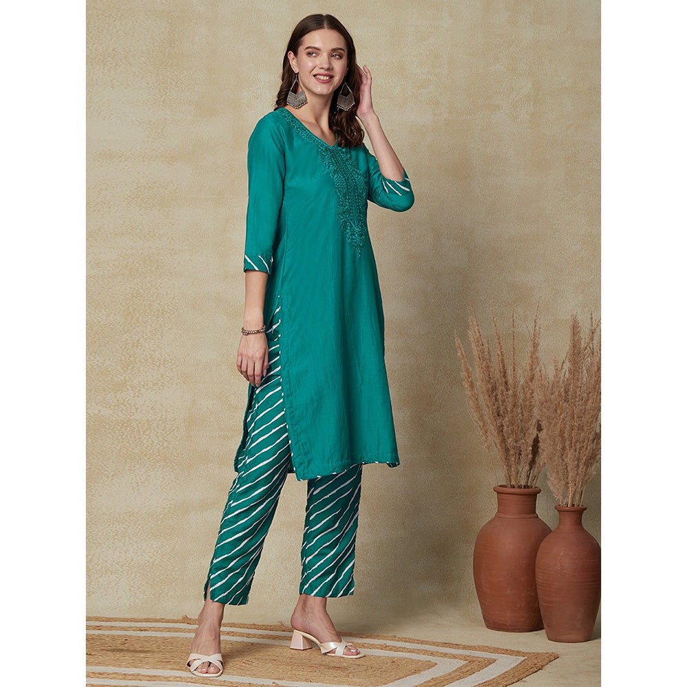 FASHOR Resham Embroidered Kurta with Pants - Sea Green (Set of 2)