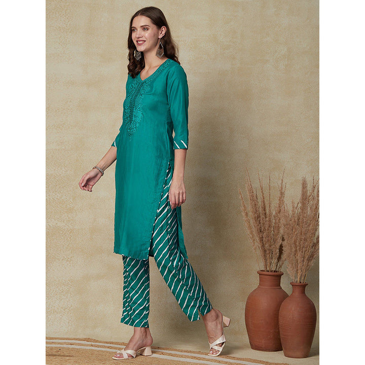 FASHOR Resham Embroidered Kurta with Pants - Sea Green (Set of 2)