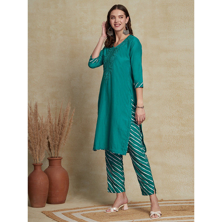 FASHOR Resham Embroidered Kurta with Pants - Sea Green (Set of 2)