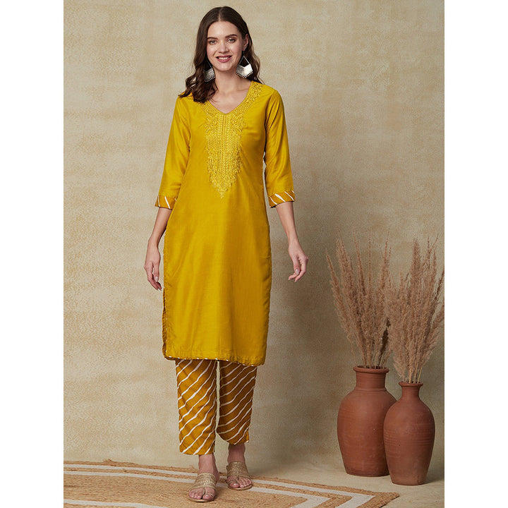 FASHOR Resham Embroidered Kurta with Pants - Mustard (Set of 2)