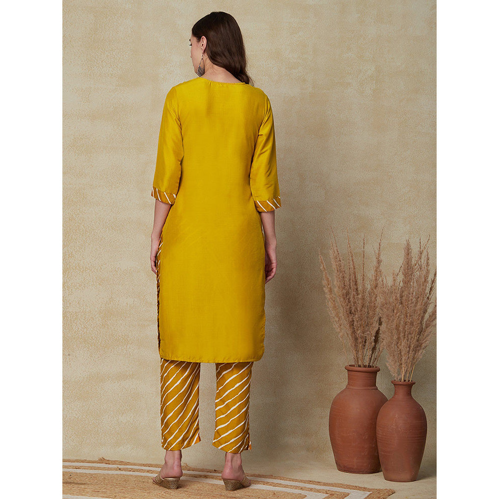 FASHOR Resham Embroidered Kurta with Pants - Mustard (Set of 2)