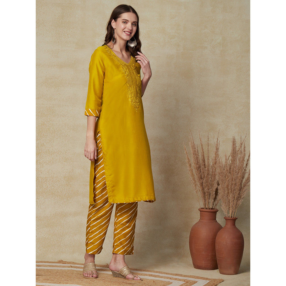 FASHOR Resham Embroidered Kurta with Pants - Mustard (Set of 2)