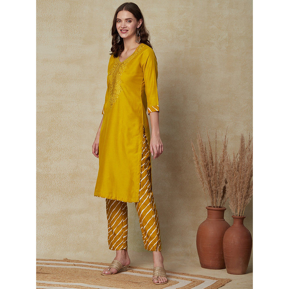 FASHOR Resham Embroidered Kurta with Pants - Mustard (Set of 2)