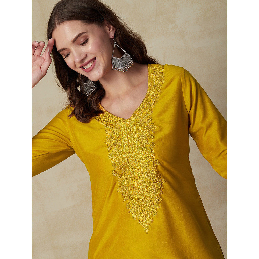 FASHOR Resham Embroidered Kurta with Pants - Mustard (Set of 2)