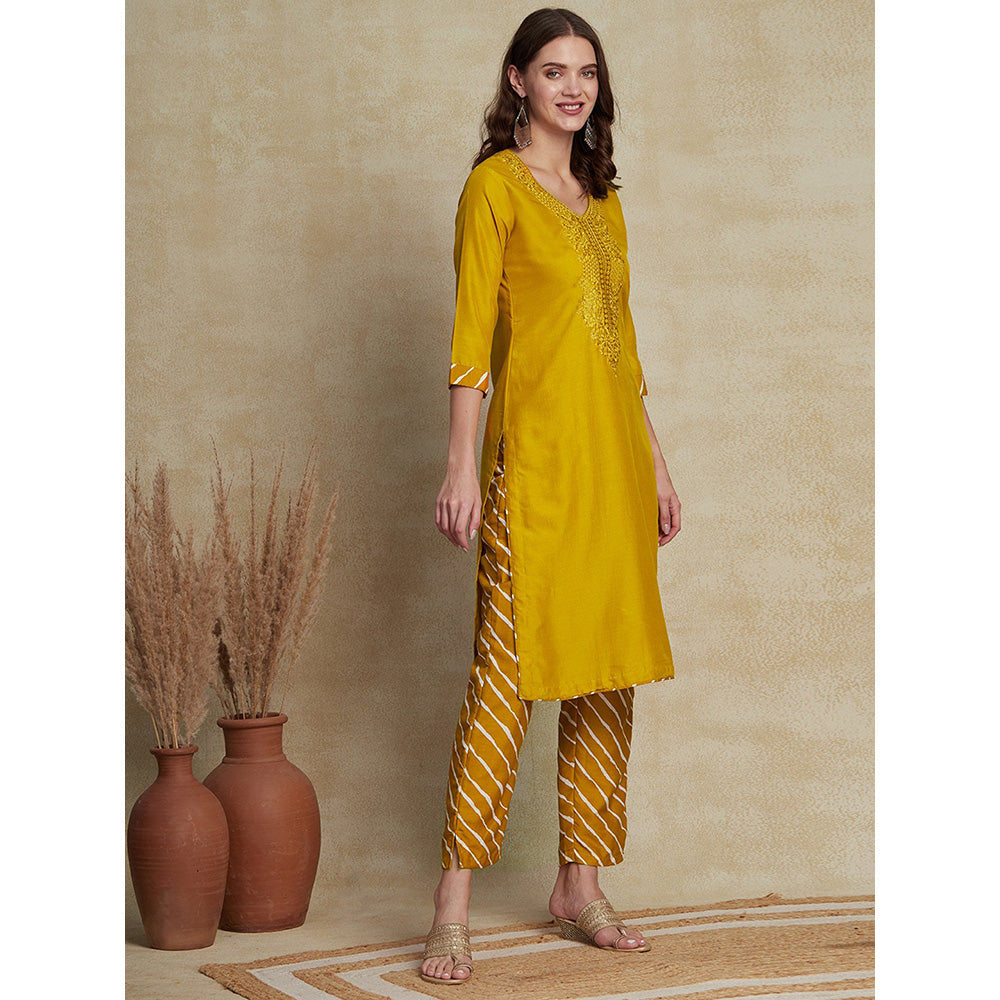 FASHOR Resham Embroidered Kurta with Pants - Mustard (Set of 2)