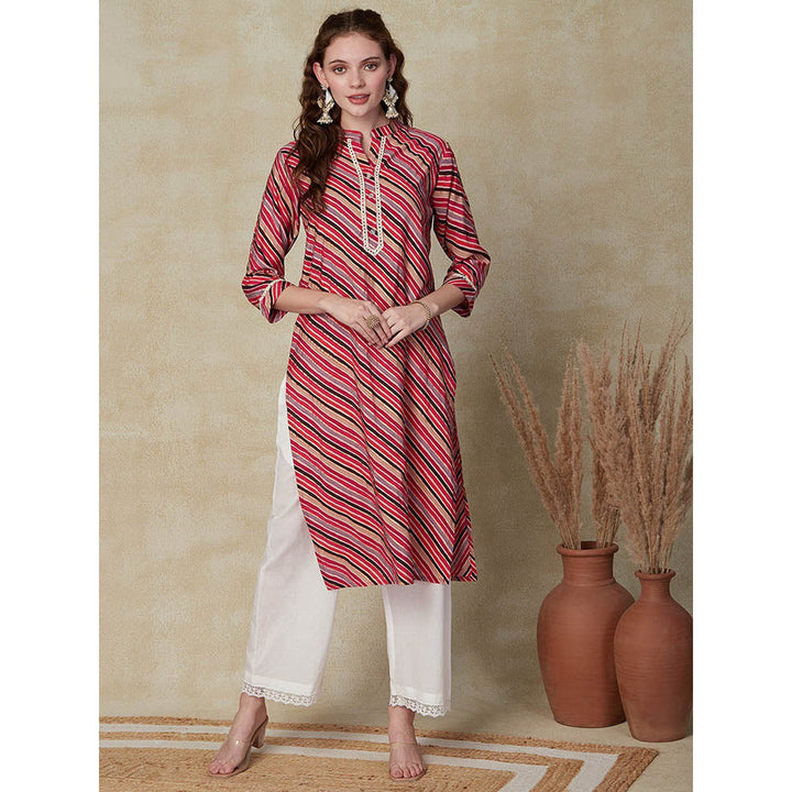 FASHOR Lehriya Printed Lace Embellished Kurta - Pink