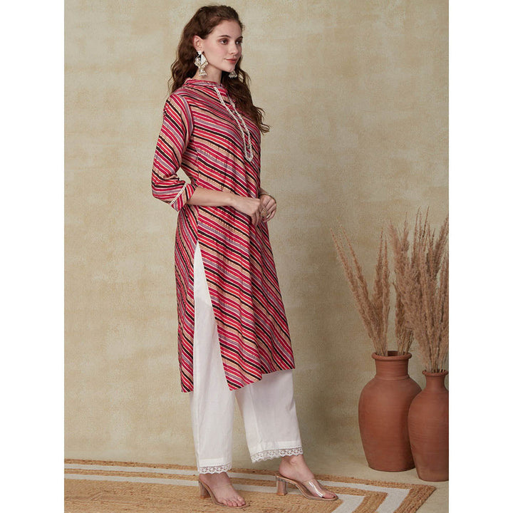 FASHOR Lehriya Printed Lace Embellished Kurta - Pink