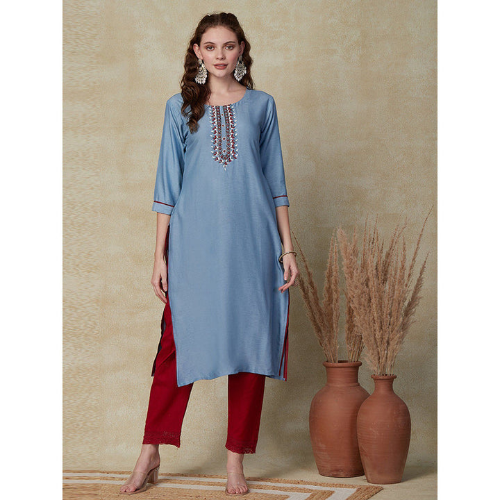 FASHOR Beads & Stone Embroidered Kurta - Blue