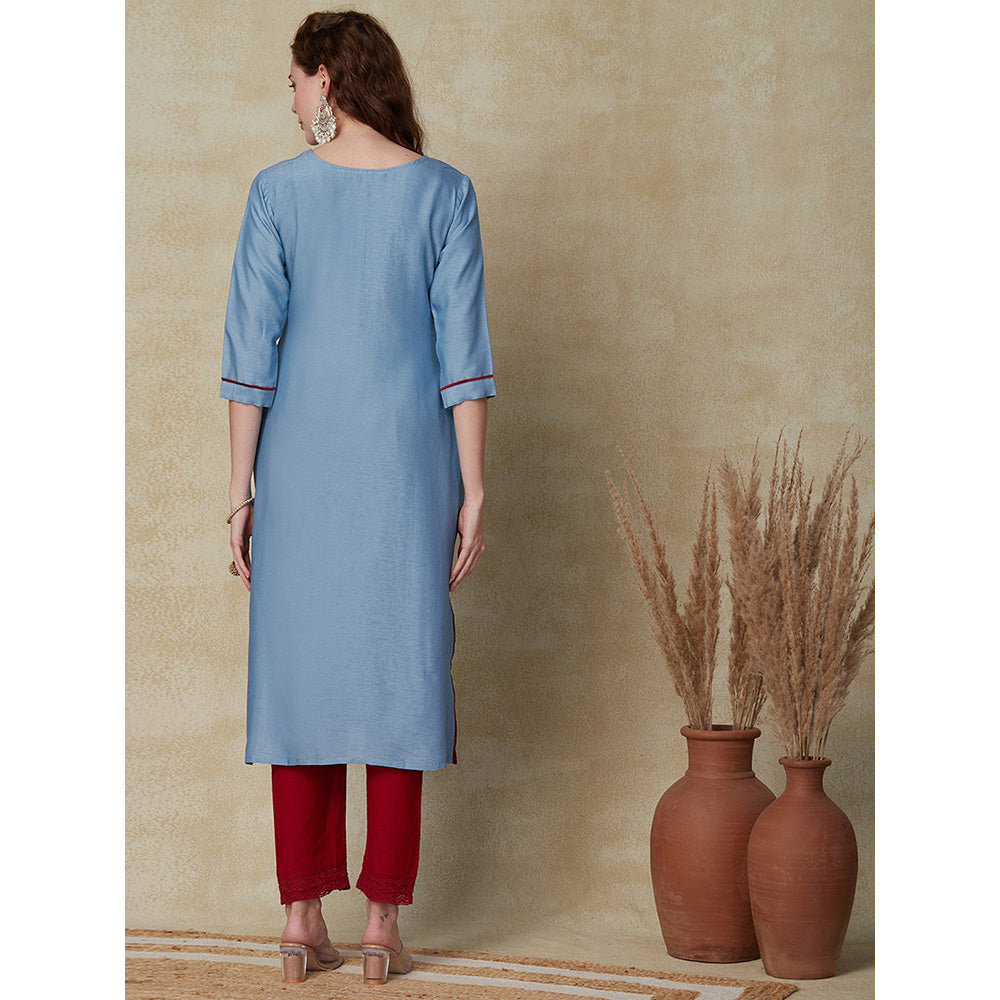 FASHOR Beads & Stone Embroidered Kurta - Blue