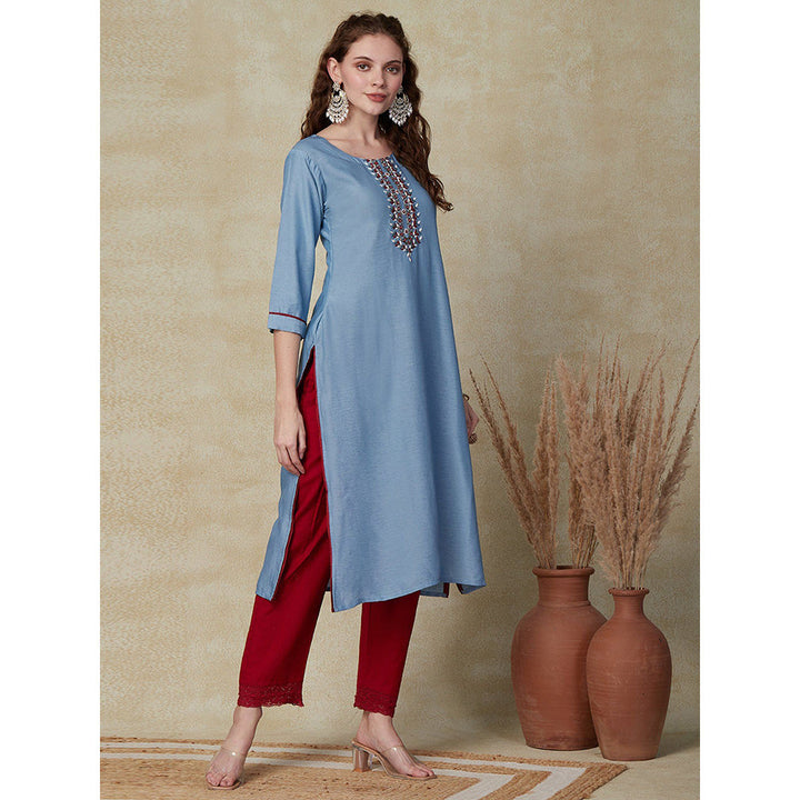 FASHOR Beads & Stone Embroidered Kurta - Blue