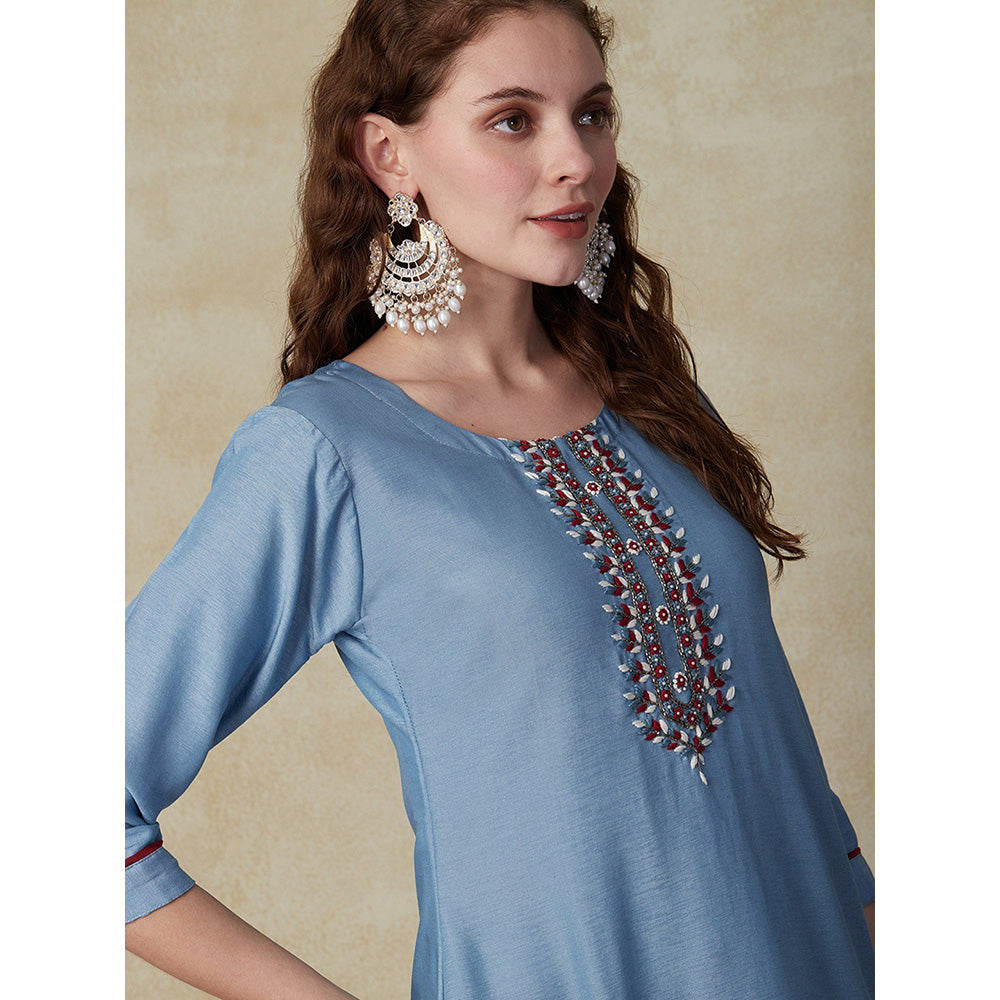 FASHOR Beads & Stone Embroidered Kurta - Blue