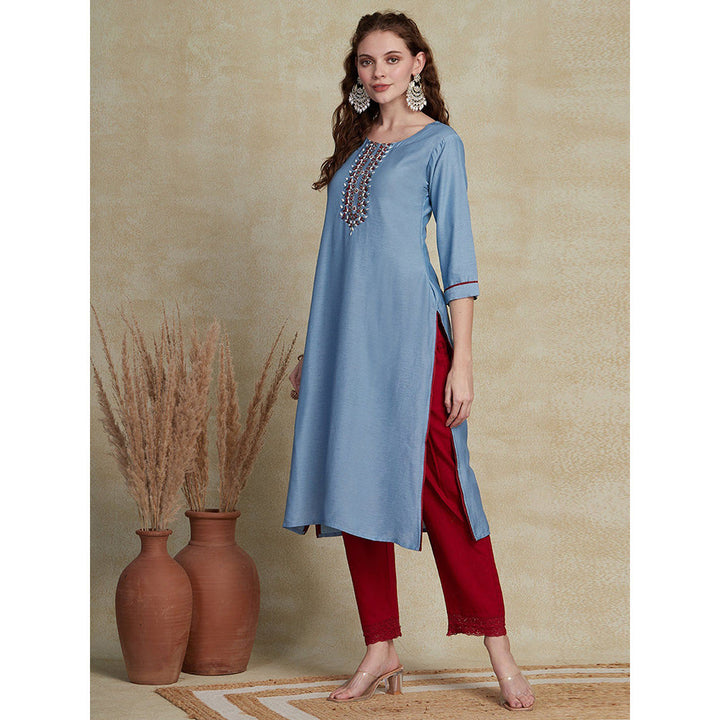 FASHOR Beads & Stone Embroidered Kurta - Blue