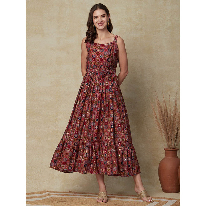 FASHOR Printed Beads & Stone Maxi Dress with Belt - Maroon (Set of 2)