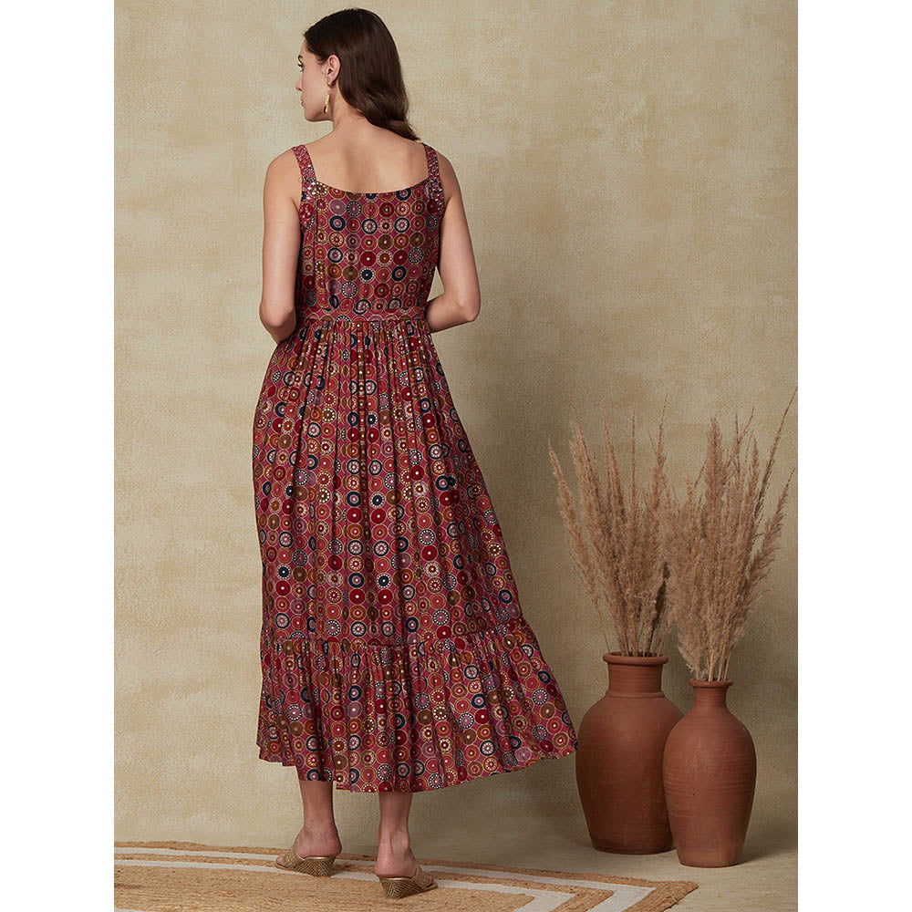 FASHOR Printed Beads & Stone Maxi Dress with Belt - Maroon (Set of 2)