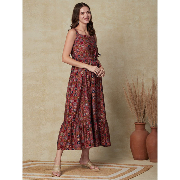 FASHOR Printed Beads & Stone Maxi Dress with Belt - Maroon (Set of 2)