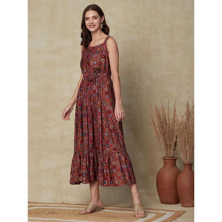 FASHOR Printed Beads & Stone Maxi Dress with Belt - Maroon (Set of 2)