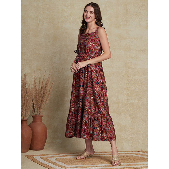 FASHOR Printed Beads & Stone Maxi Dress with Belt - Maroon (Set of 2)