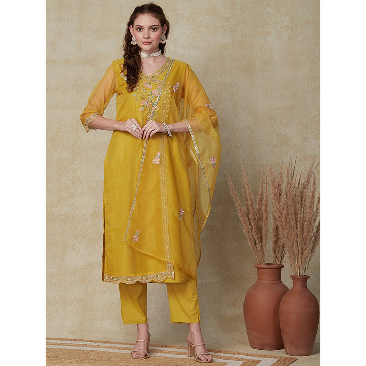 FASHOR Embroidered Floral Kurta with Pant with Dupatta - Yellow (Set of 3)