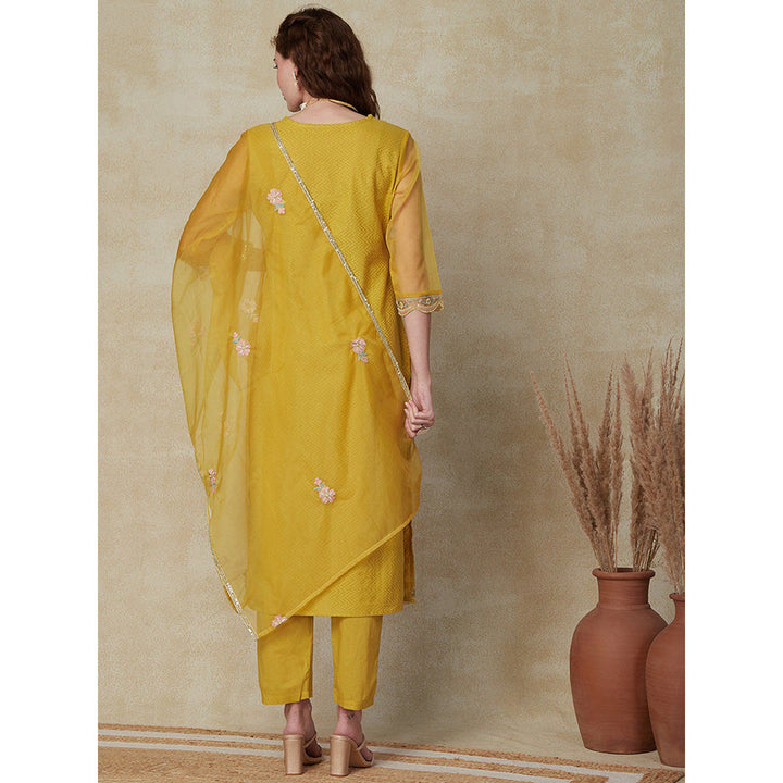 FASHOR Embroidered Floral Kurta with Pant with Dupatta - Yellow (Set of 3)