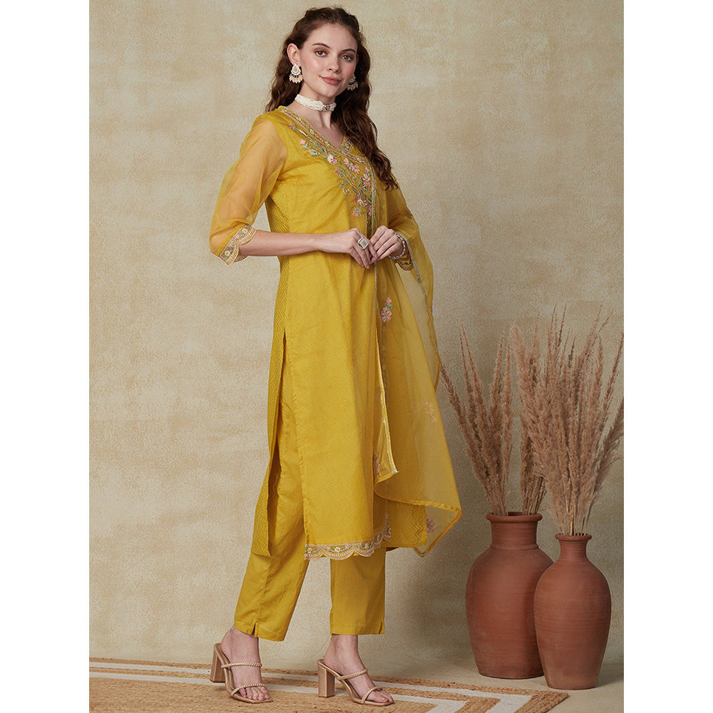 FASHOR Embroidered Floral Kurta with Pant with Dupatta - Yellow (Set of 3)