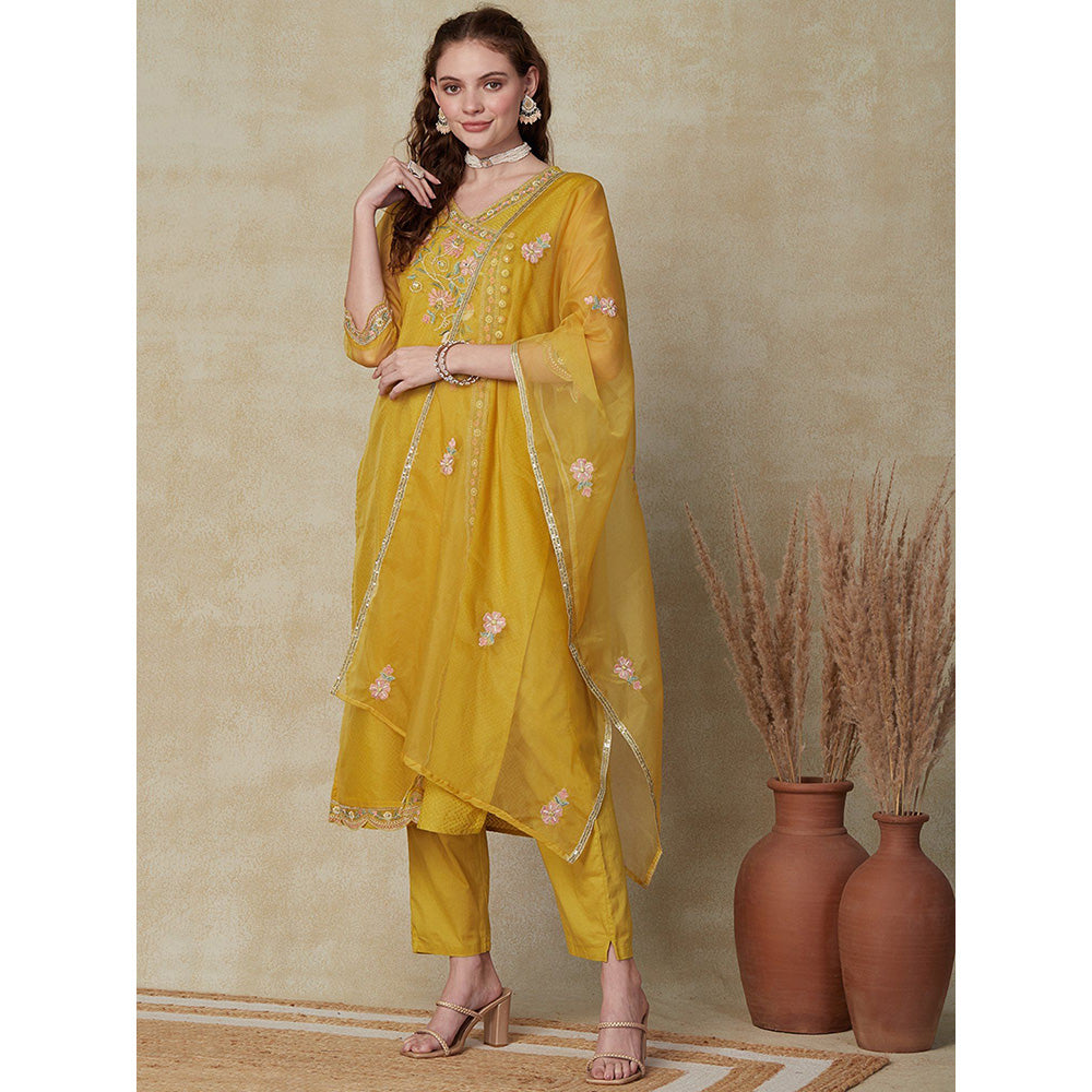 FASHOR Embroidered Floral Kurta with Pant with Dupatta - Yellow (Set of 3)