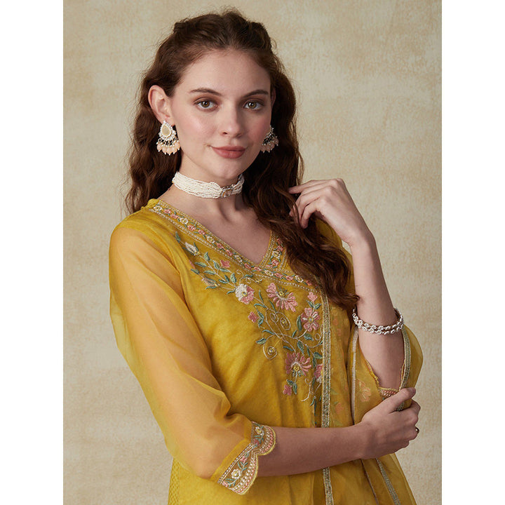 FASHOR Embroidered Floral Kurta with Pant with Dupatta - Yellow (Set of 3)