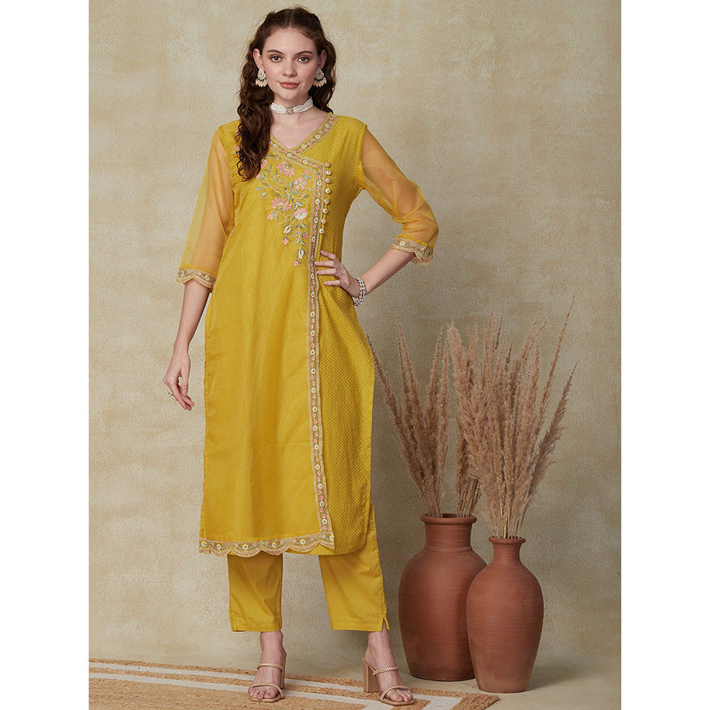 FASHOR Embroidered Floral Kurta with Pant with Dupatta - Yellow (Set of 3)