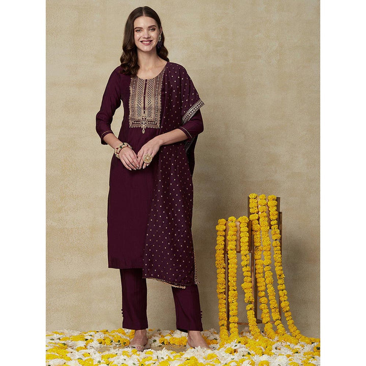 FASHOR Embroidered Zari Kurta with Pants & Dupatta - Wine (Set of 3)