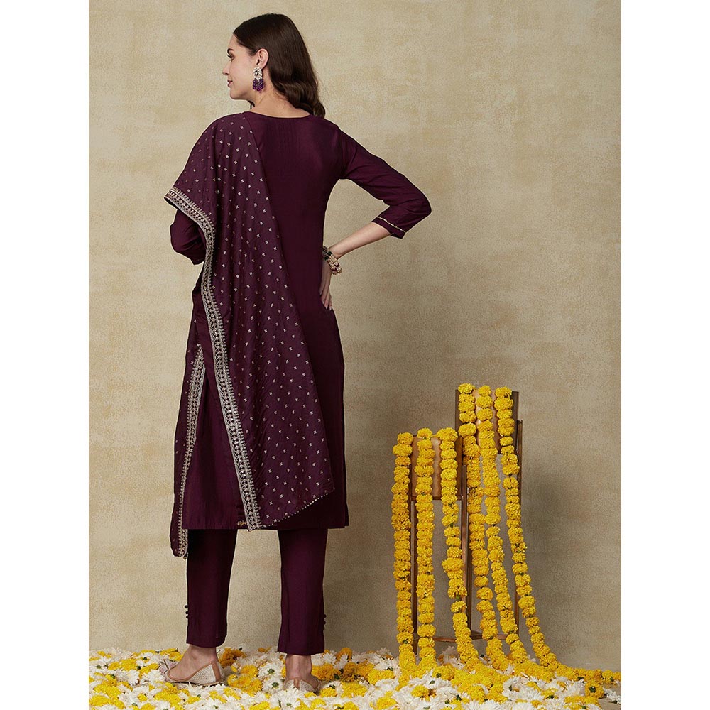 FASHOR Embroidered Zari Kurta with Pants & Dupatta - Wine (Set of 3)